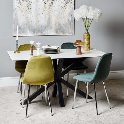 Eastcote White 150cm Dining Table & Archie Chrome Leg Dining Chairs Dark/Light Green