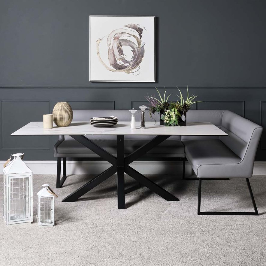 Woods Eastcote White 200cm Dining Table & Paulo Corner Bench - Grey
