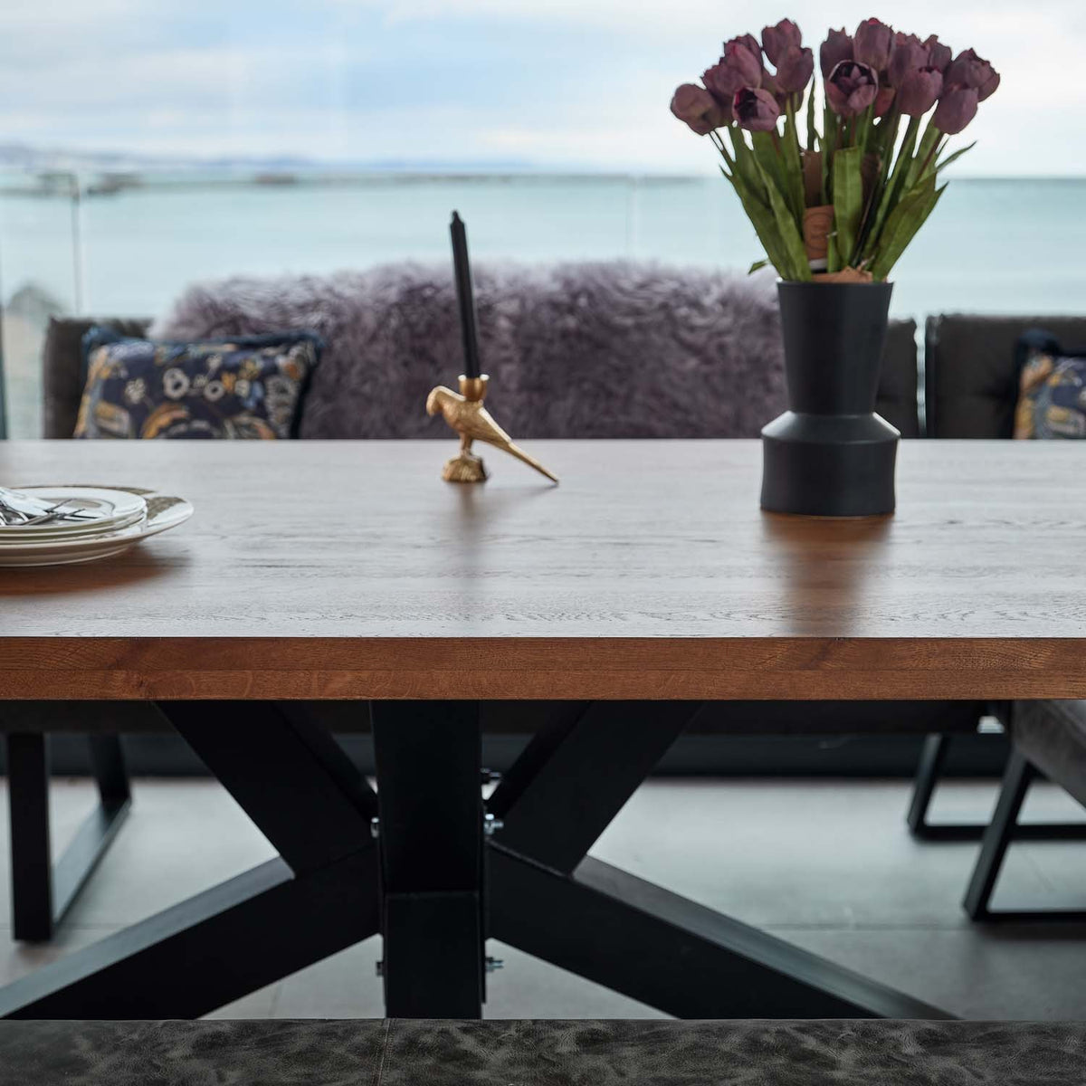 Soho Dining Table 200cm with Industrial Corner Bench and Industrial Low Bench - Grey