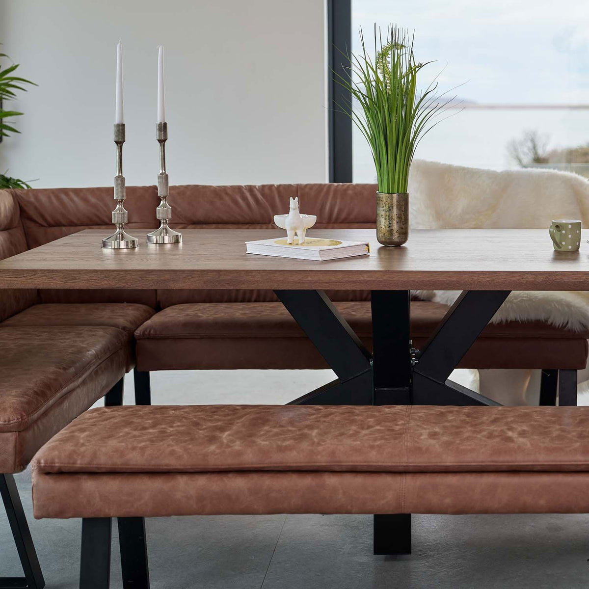 Soho Dining Table 200cm with Industrial Corner Bench and Industrial Low Bench - Tan