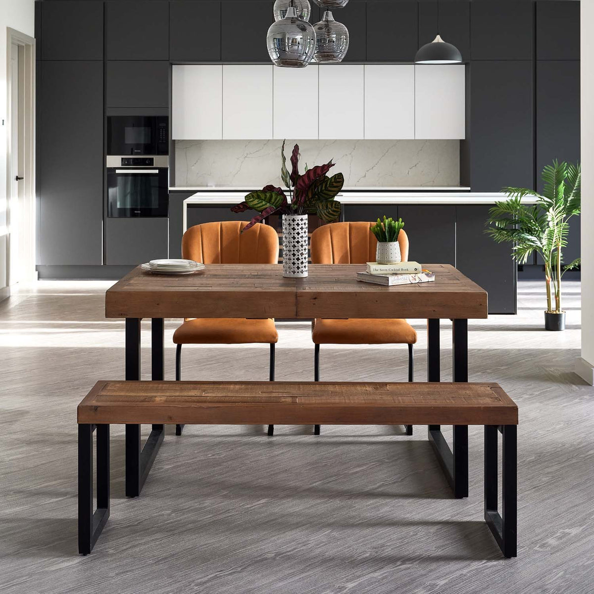 Adelaide 140-180cm Extending Dining Table with 2 Firenza Chairs in Tan and Adelaide 140cm Bench