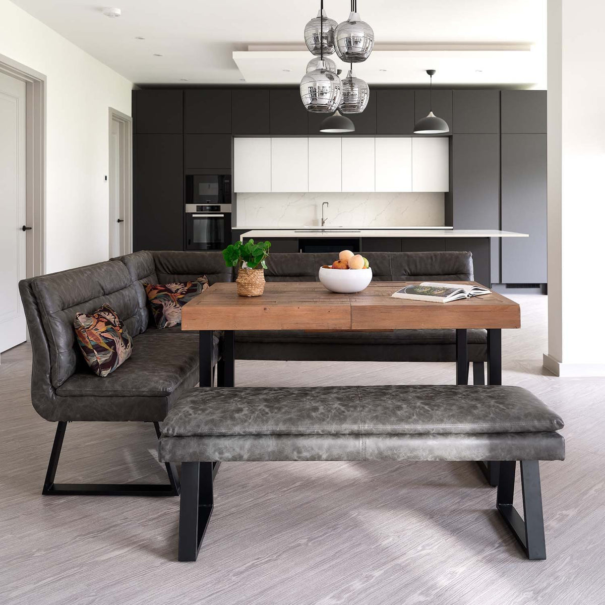 Adelaide 140-180cm Extending Dining Table with Industrial Corner Bench in Grey with Flat Bench 138cm
