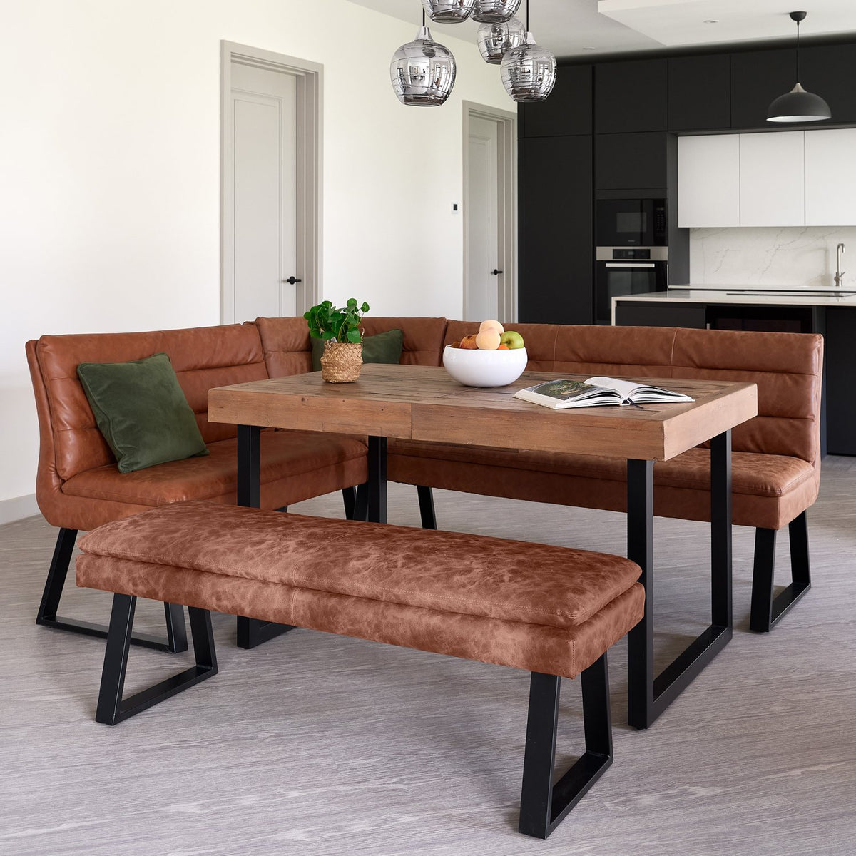 Adelaide 140-180cm Extending Dining Table with Industrial Corner Bench in Tan with Flat Bench 138cm