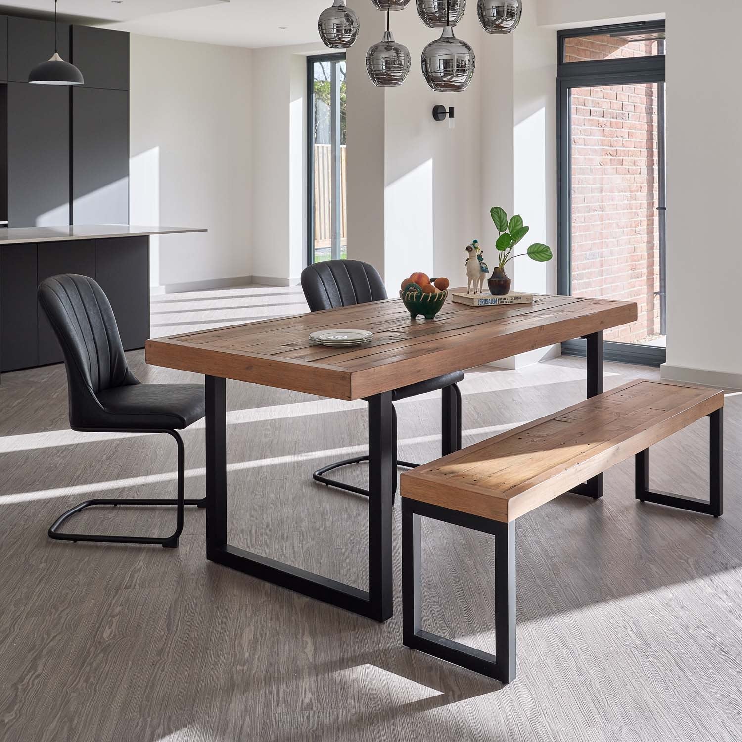 Adelaide 180cm Dining Table with 2 Firenza Chairs in Black with Adelaide 155cm Bench
