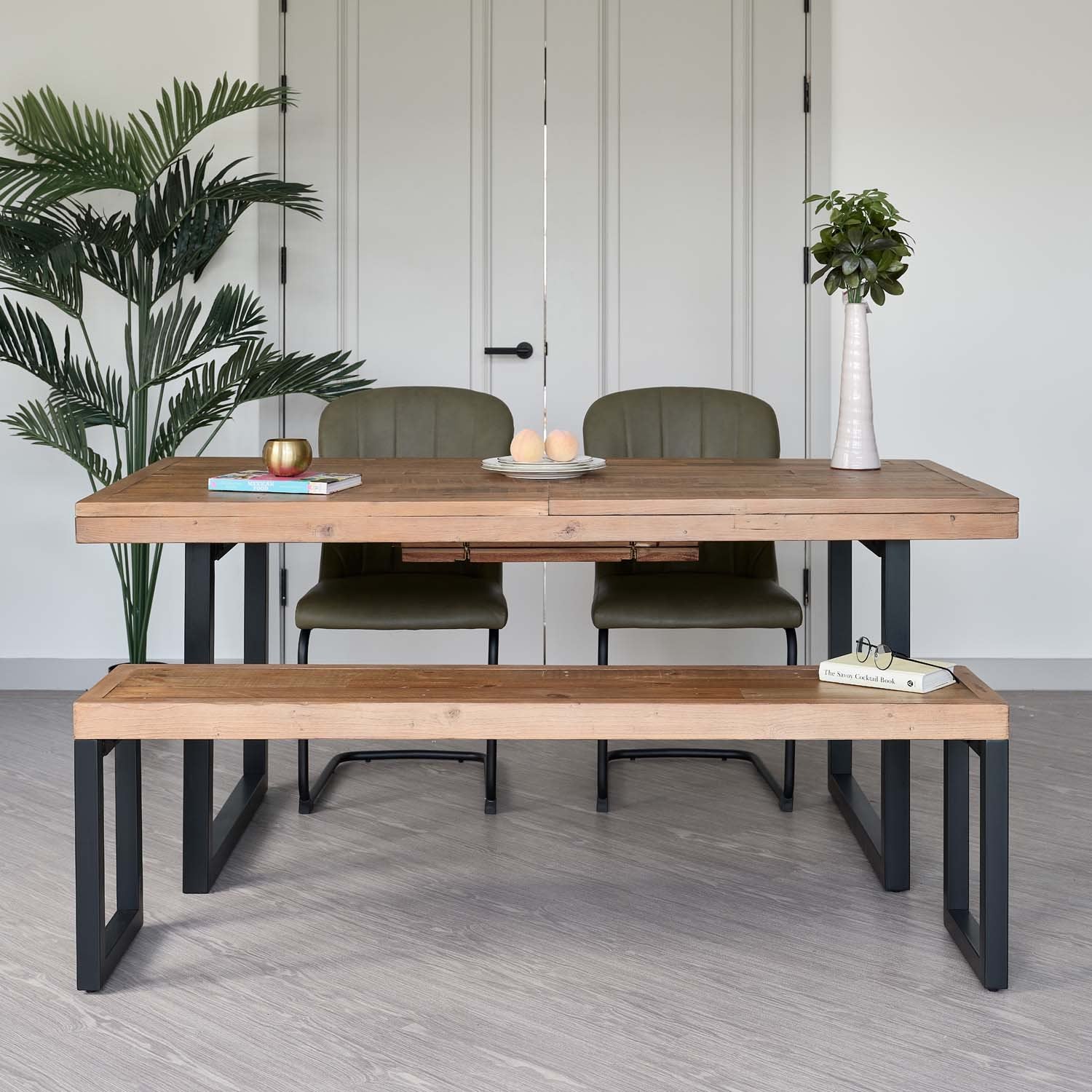 Adelaide 180-240cm Extending Dining Table with 2 Firenza Chairs in Olive and Adelaide 155cm Bench