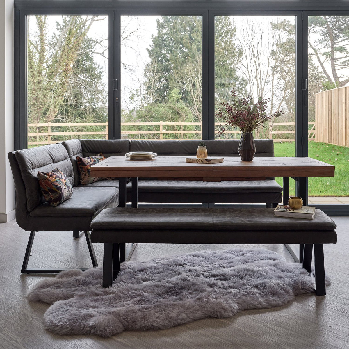 Adelaide 180-240cm Extending Dining Table with Industrial Corner Bench in Grey and 158cm Flat Bench