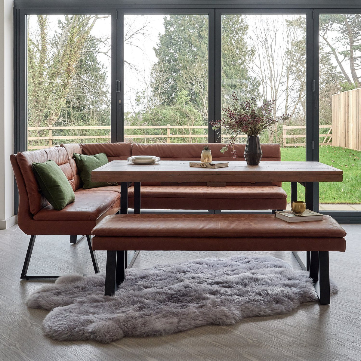 Adelaide 180-240cm Extending Dining Table with Industrial Corner Bench in Tan and 158cm Flat Bench