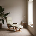 Quickship Large Consul Chair and Footstool with Classic Base in Batick Cream with Oak Wood