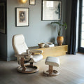 Consul Recliner & Footstool with Classic Base in Batick Cream with Oak Wood