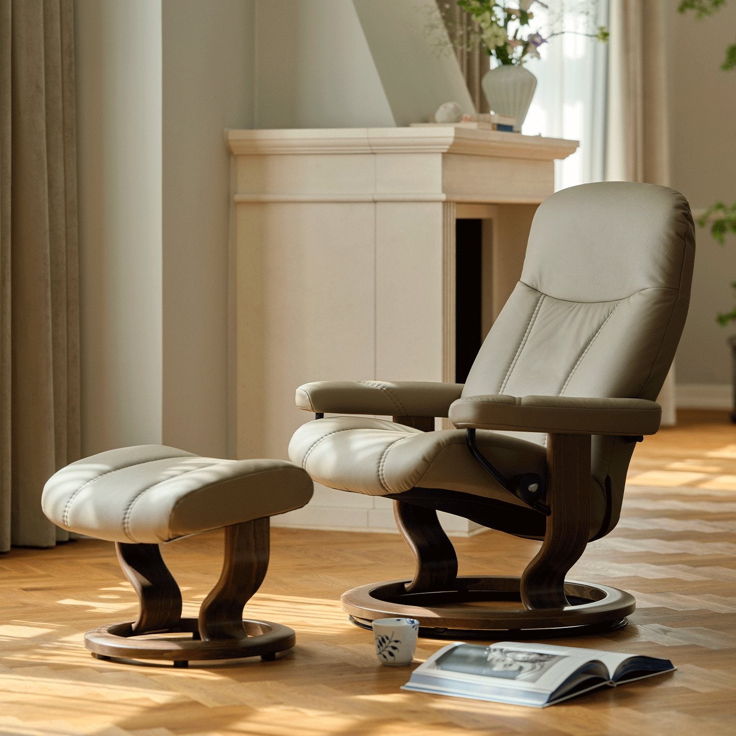Consul Recliner & Footstool with Classic Base in Batick Mole with Walnut Wood