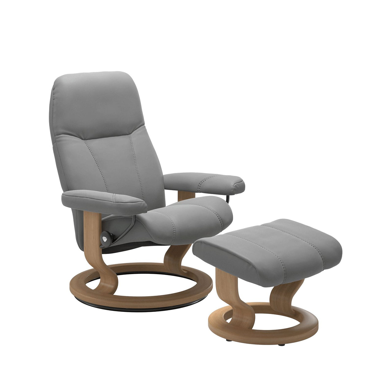 Consul Recliner & Footstool with Classic Base in Batick Wild Dove with Oak Wood