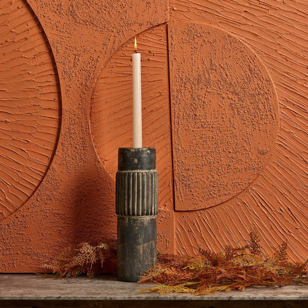 Centre Straight Lines Wooden Candle Holder in Grey Mud - Small