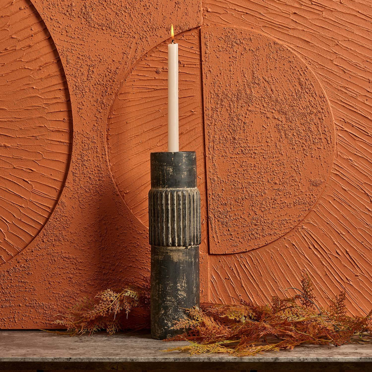 Centre Straight Lines Wooden Candle Holder in Grey Mud - Large