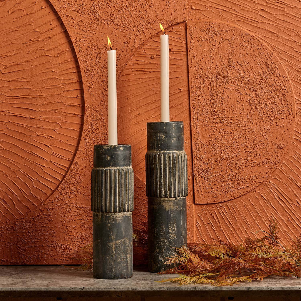 Centre Straight Lines Wooden Candle Holder in Grey Mud - Large