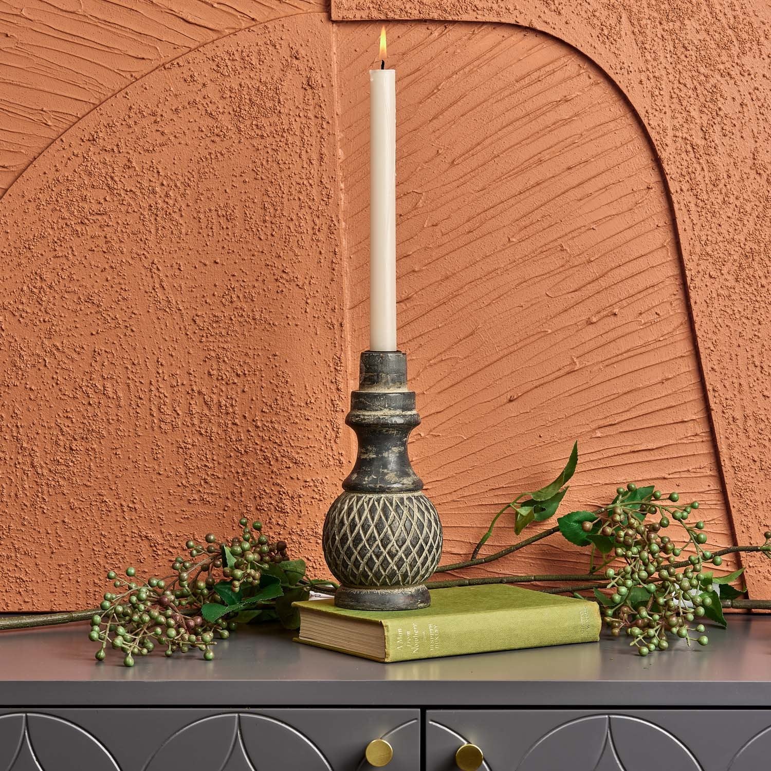 Diamond Pattern Wooden Candle Stick - Mud
