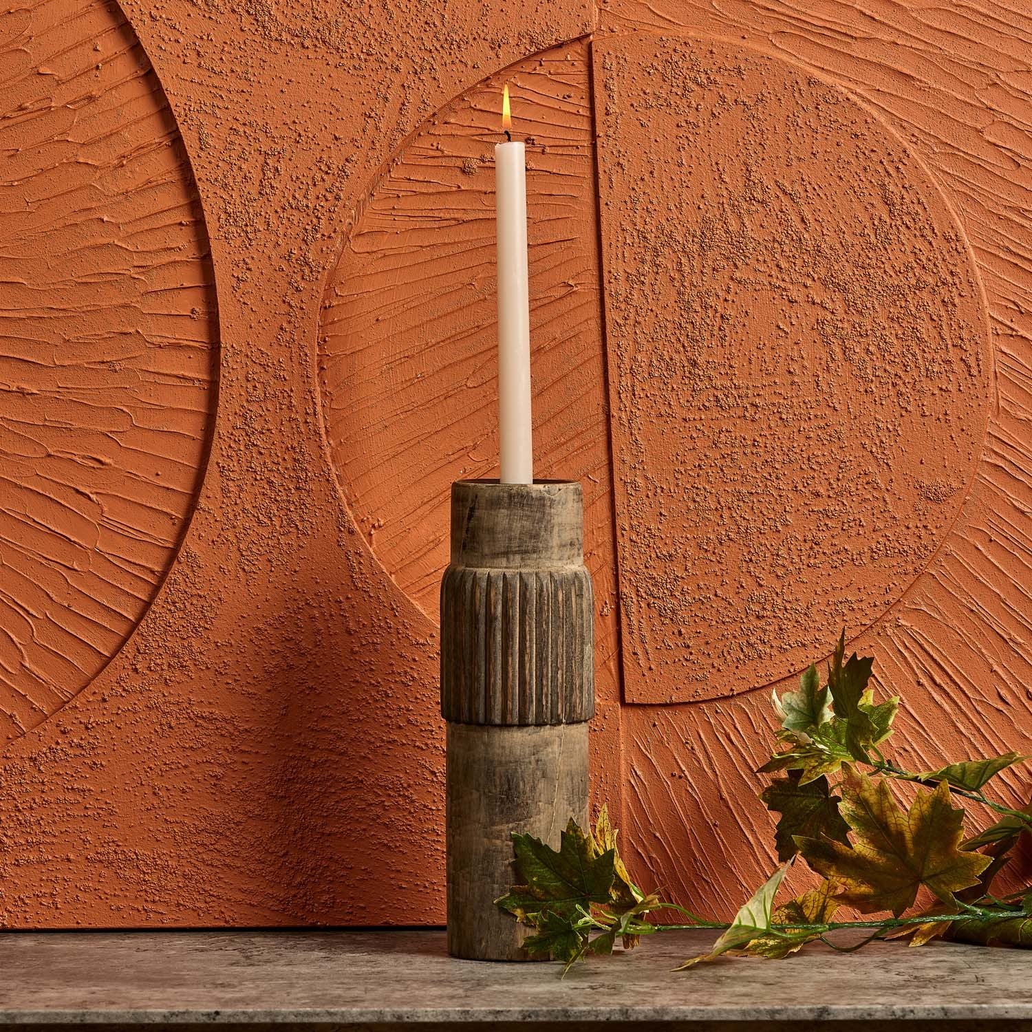 Centre Straight Lines Wooden Candle Holder in Mud - Small
