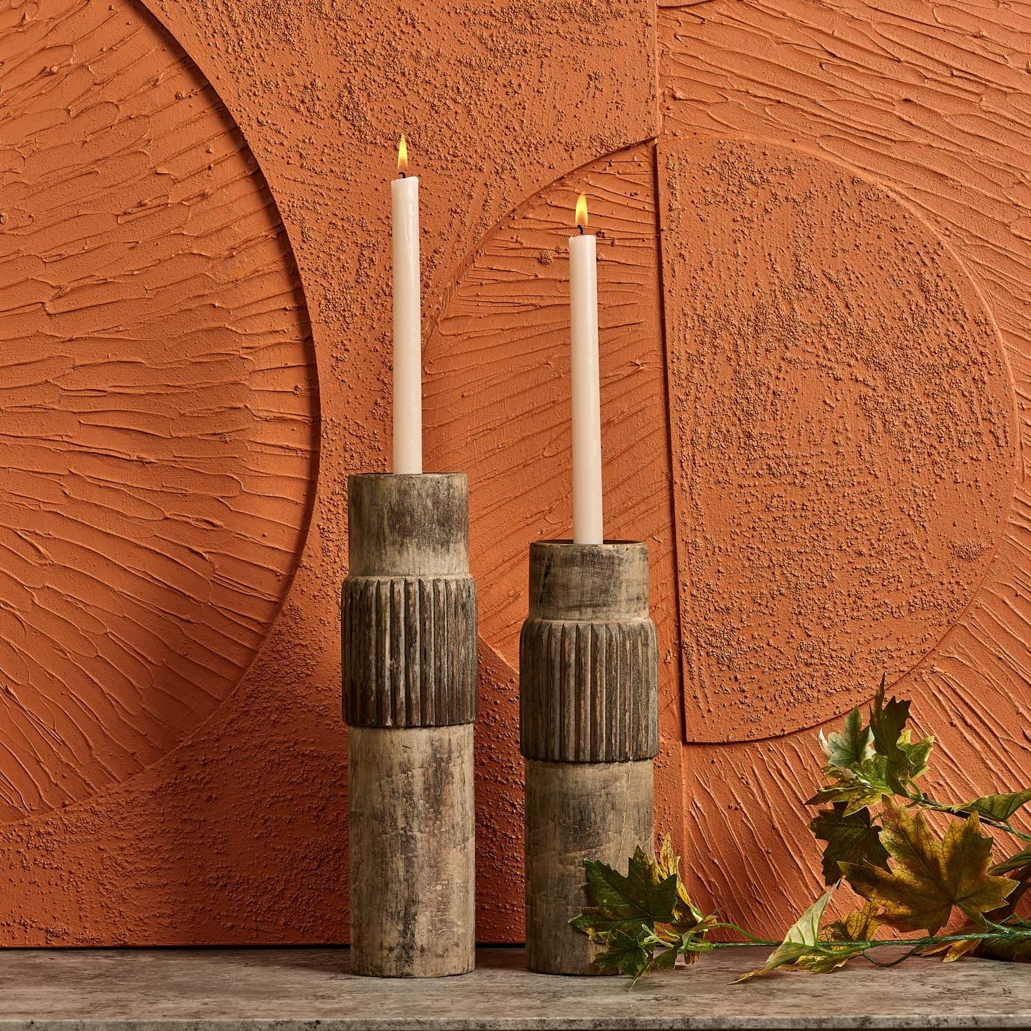 Centre Straight Lines Wooden Candle Holder in Mud - Small