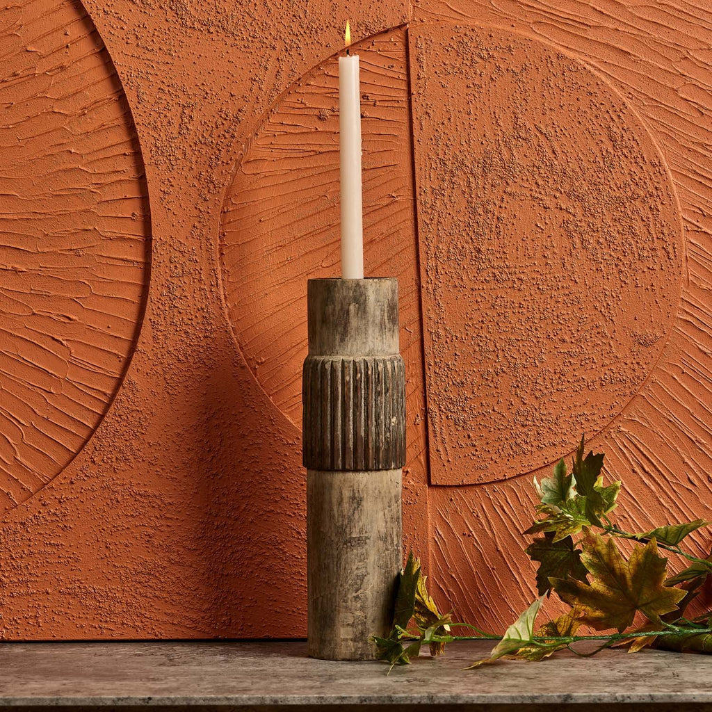 Centre Straight Lines Wooden Candle Holder in Mud - Large