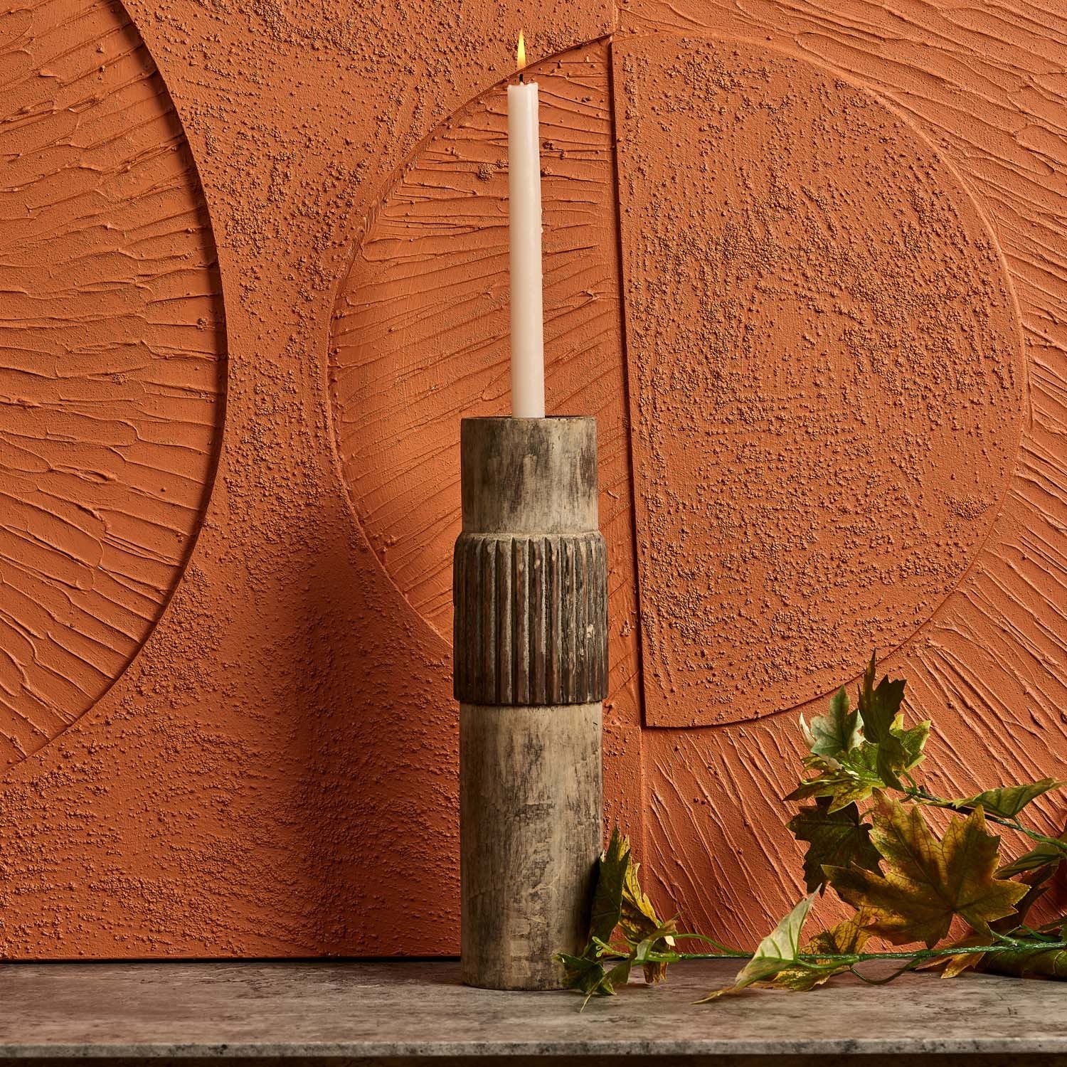 Centre Straight Lines Wooden Candle Holder in Mud - Large