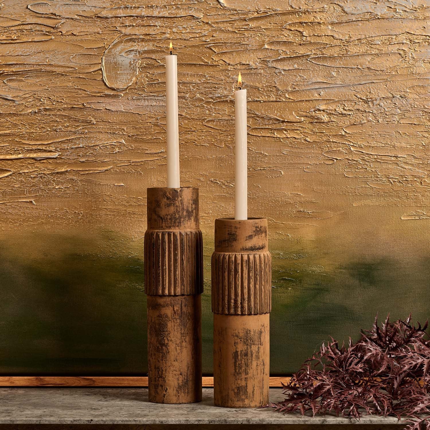Centre Straight Lines Wooden Candle Holder in Rust - Small