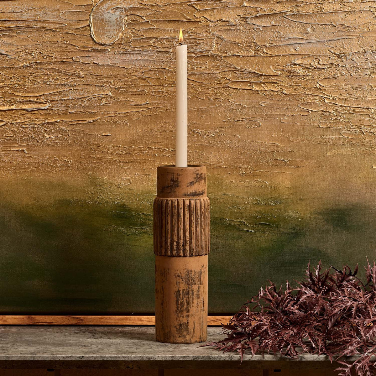 Centre Straight Lines Wooden Candle Holder in Rust - Small