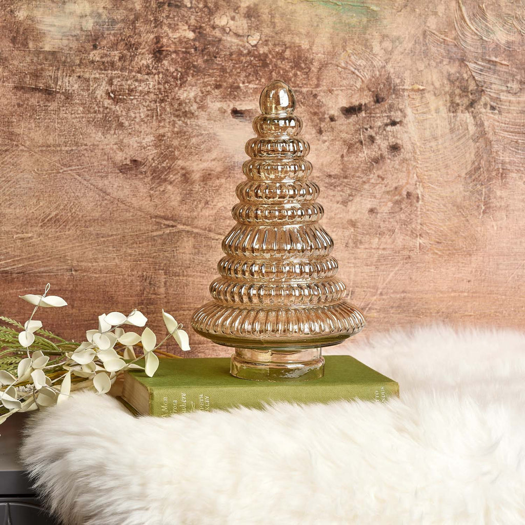 Evergreen Tree Glass Ornament in Gold Luster - Large