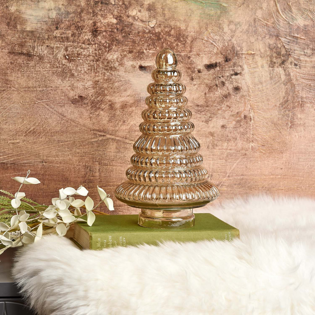 Evergreen Tree Glass Ornament in Gold Luster - Large