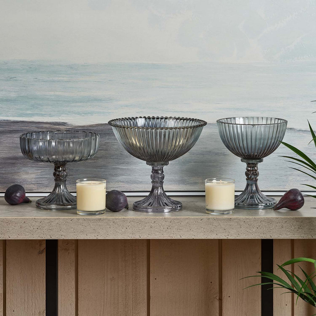 Glass Flat Fruit Bowl with Base in Luster Grey