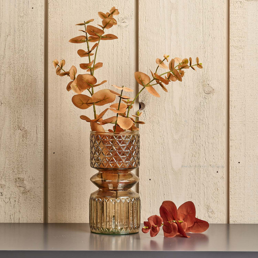 Cut Glass Vase with Diamonds and Lines Design in Luster Brown - Small