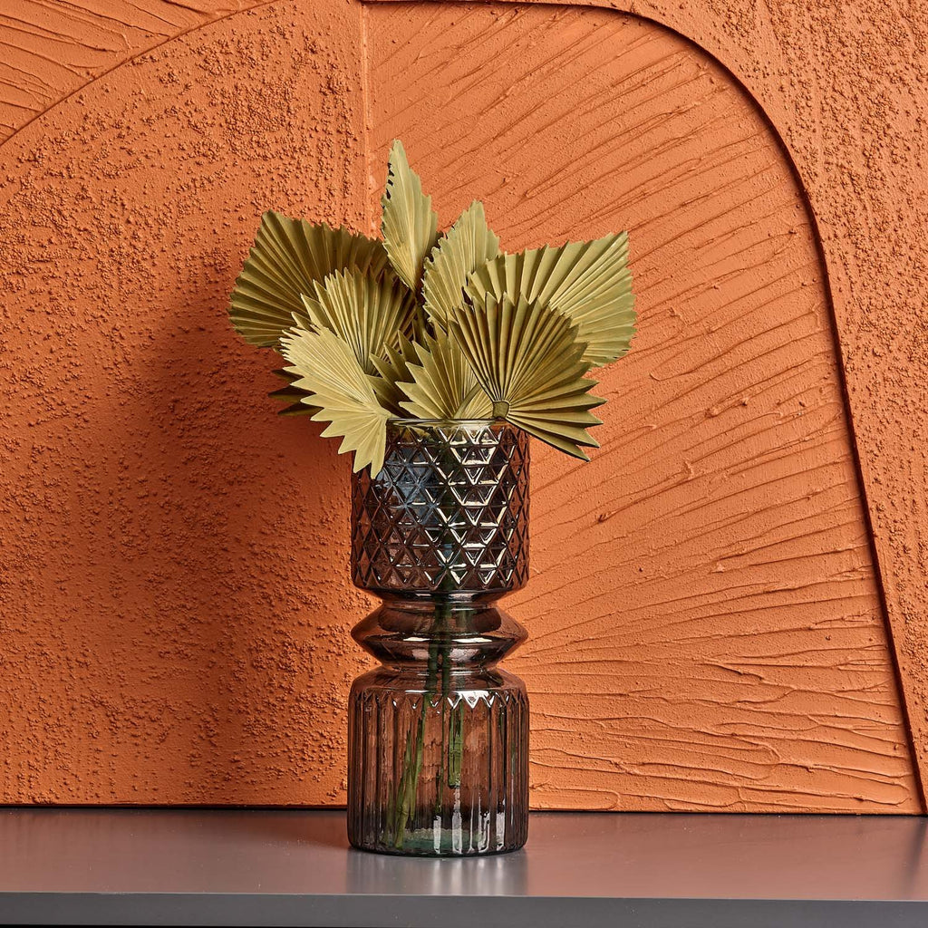 Cut Glass Vase with Diamonds and Lines Design in Luster Grey - Medium