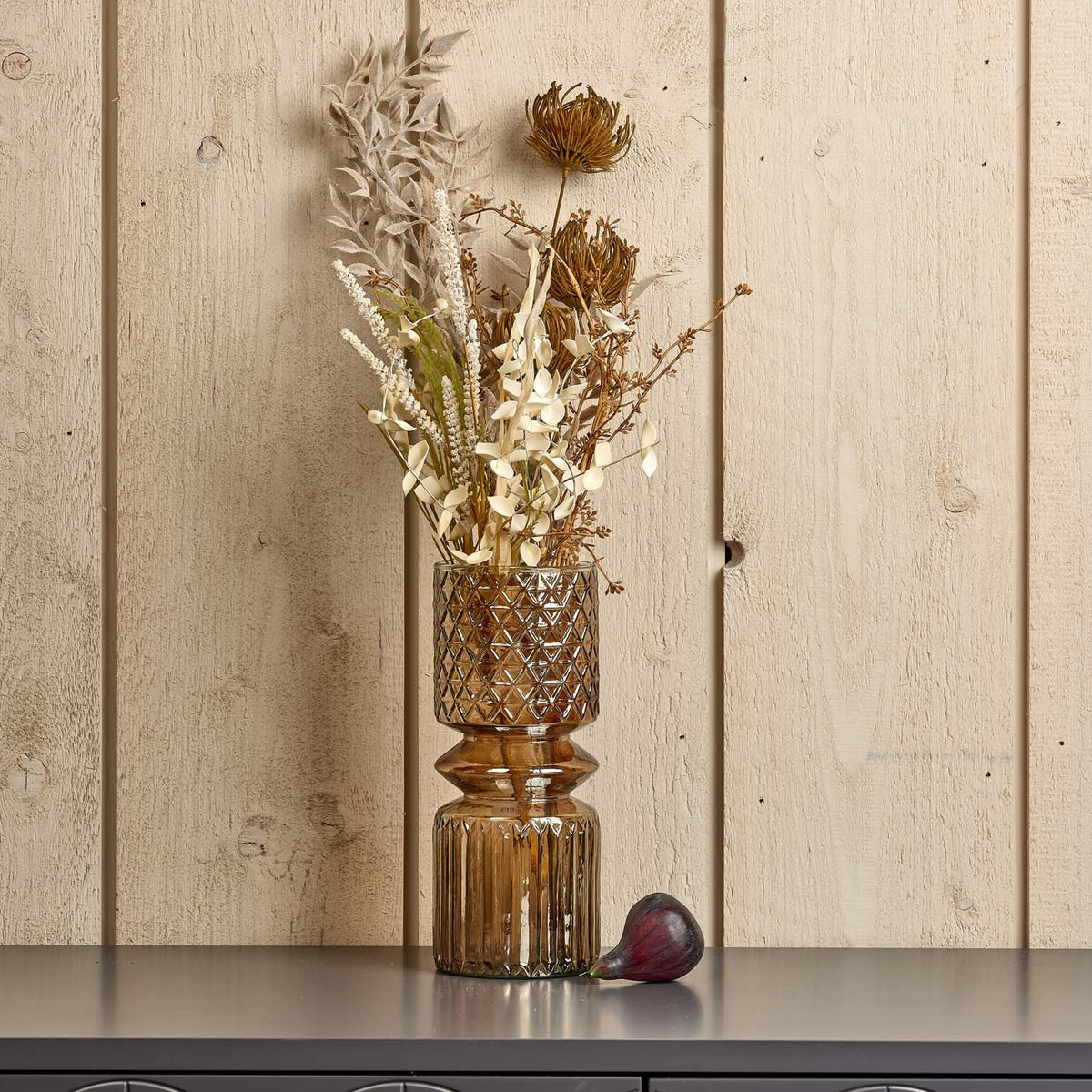Cut Glass Vase with Diamonds and Lines Design in Luster Brown - Medium