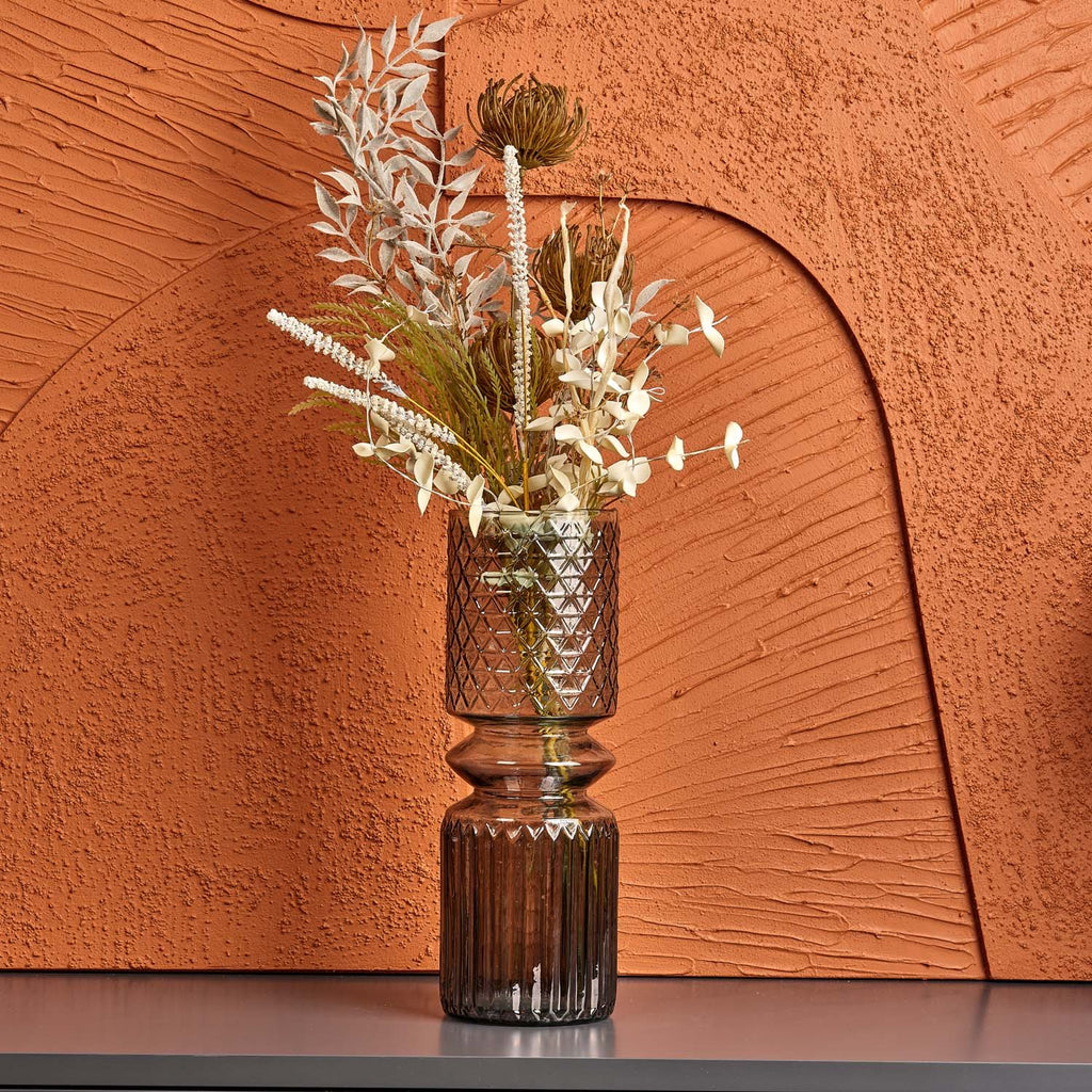 Cut Glass Vase with Diamonds and Lines Design in Luster Grey - Large