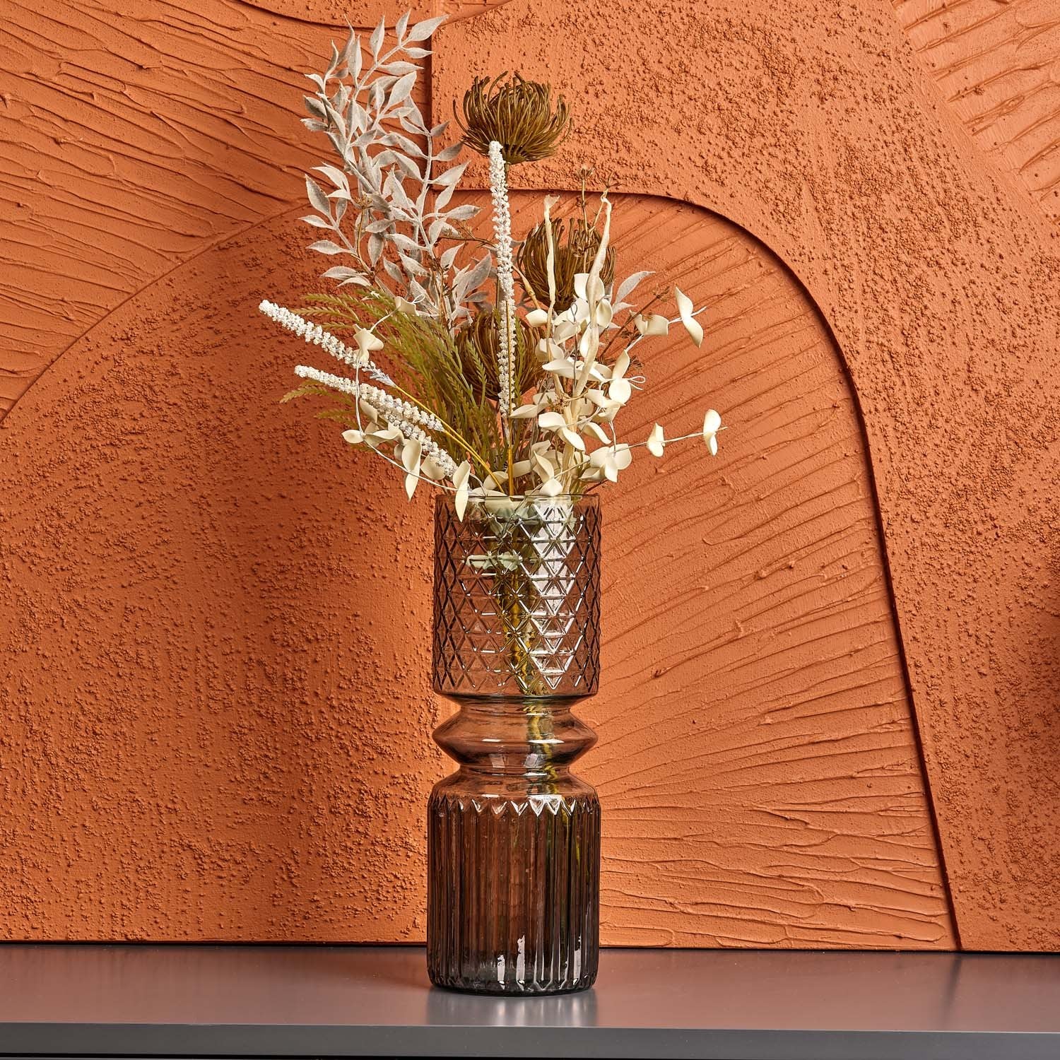 Cut Glass Vase with Diamonds and Lines Design in Luster Grey - Large