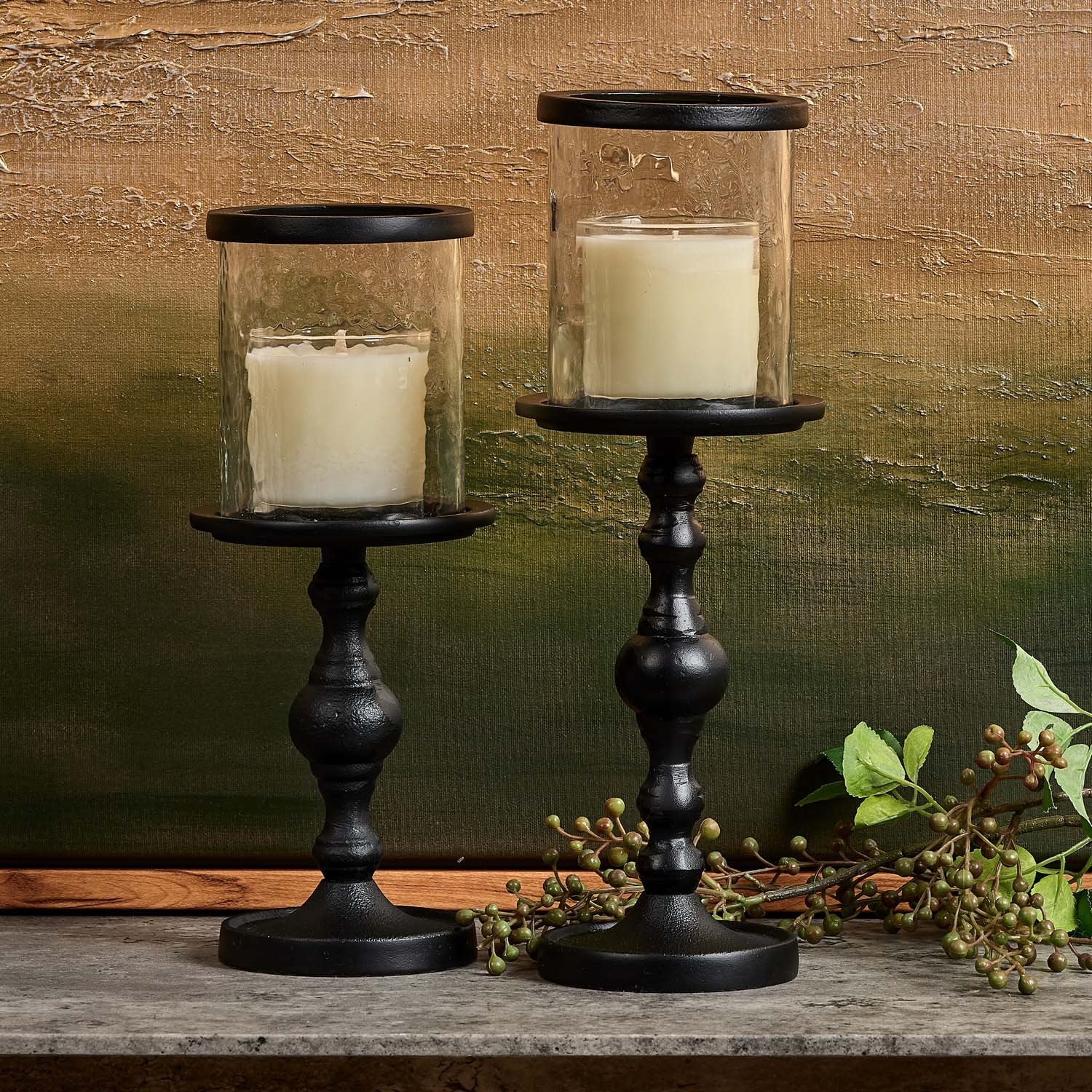 Candle Stand with Glass in Black - Small