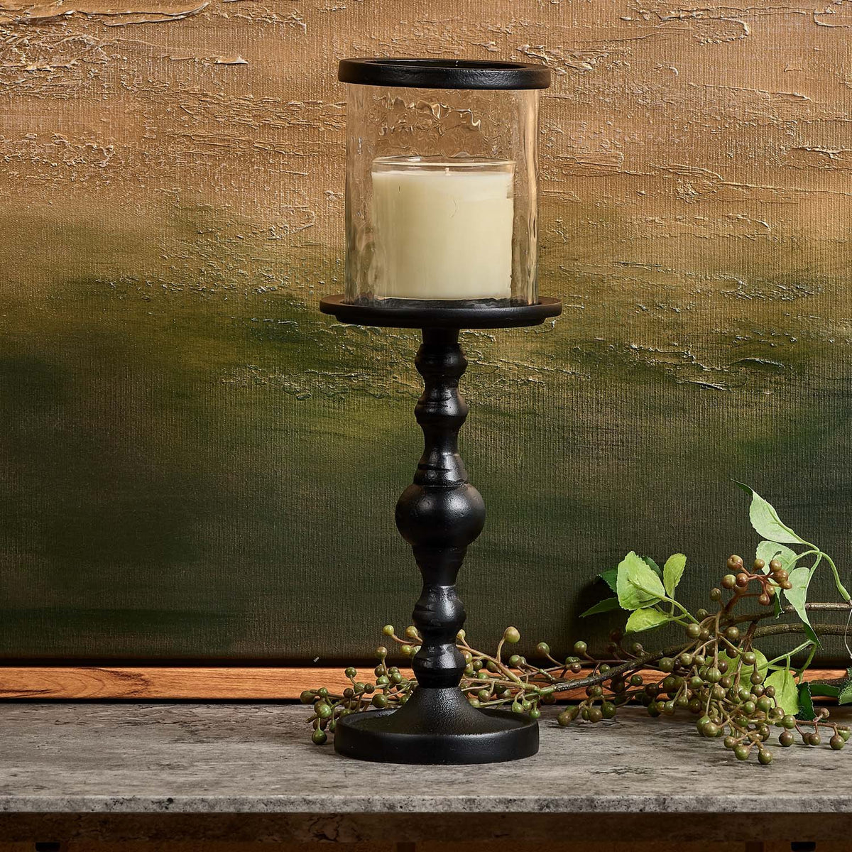 Candle Stand with Glass in Black - Large
