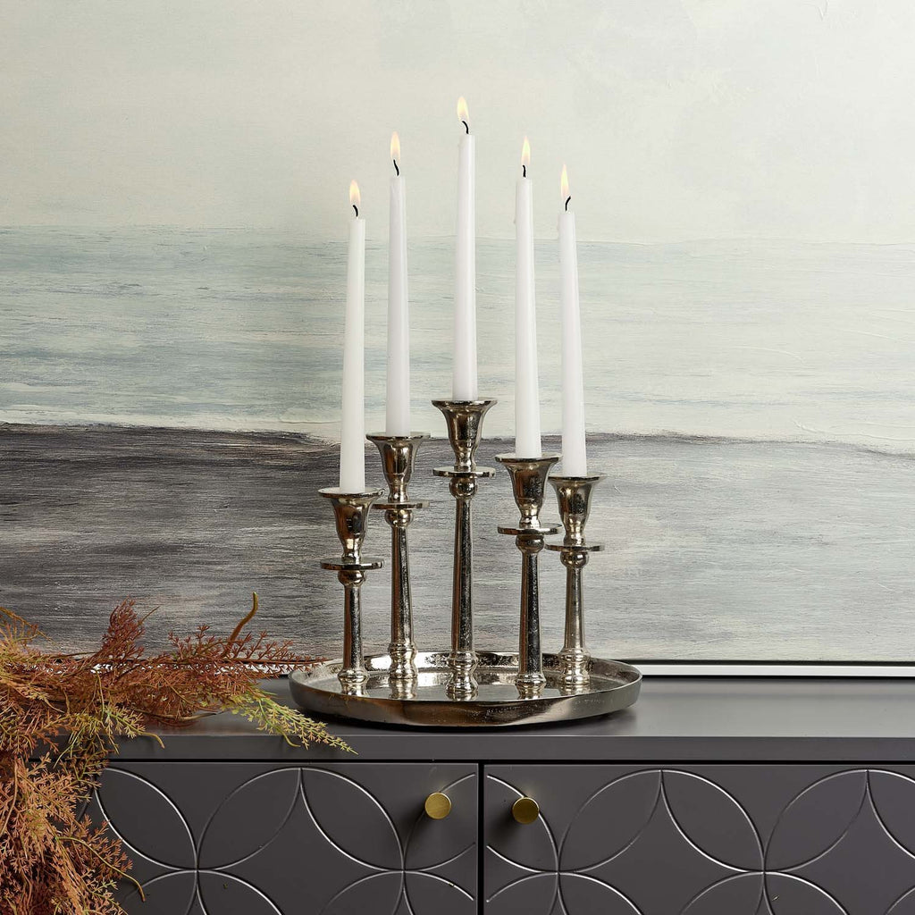 Round Candle Holder Tray with Five Candle Holders in Nickel
