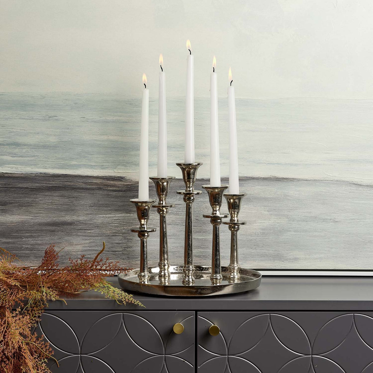 Round Candle Holder Tray with Five Candle Holders in Nickel