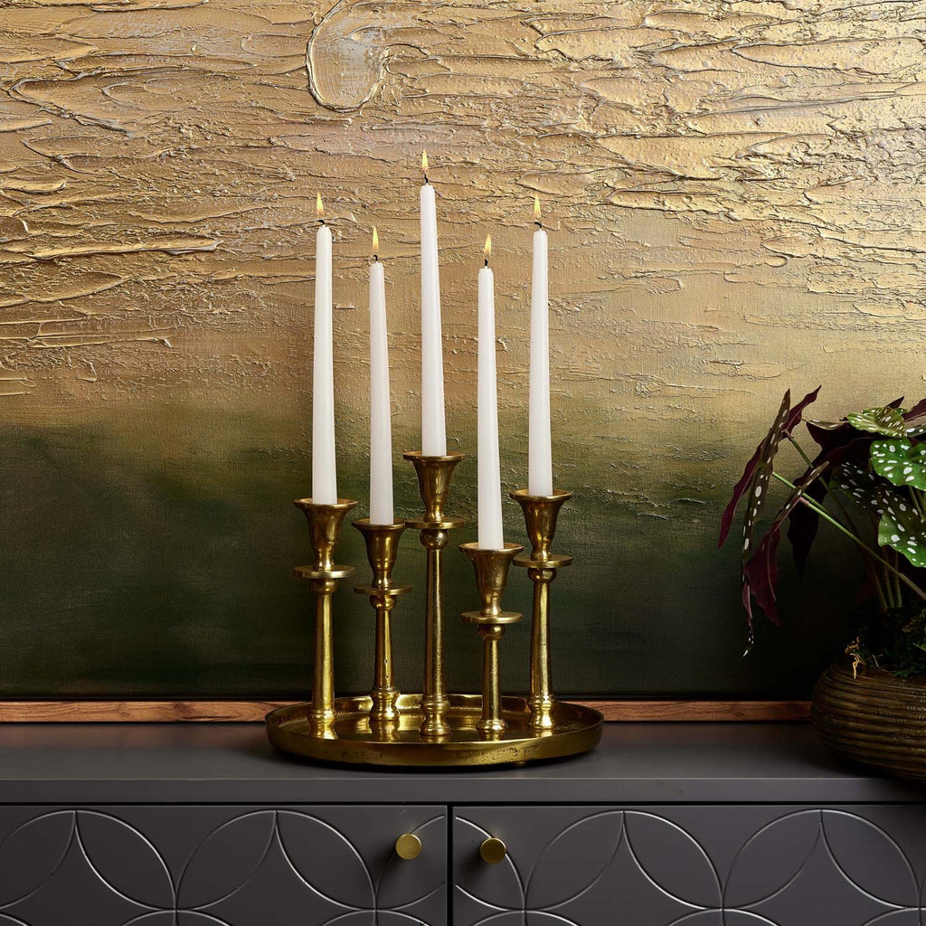 Round Candle Holder Tray with Five Candle Holders in Gold