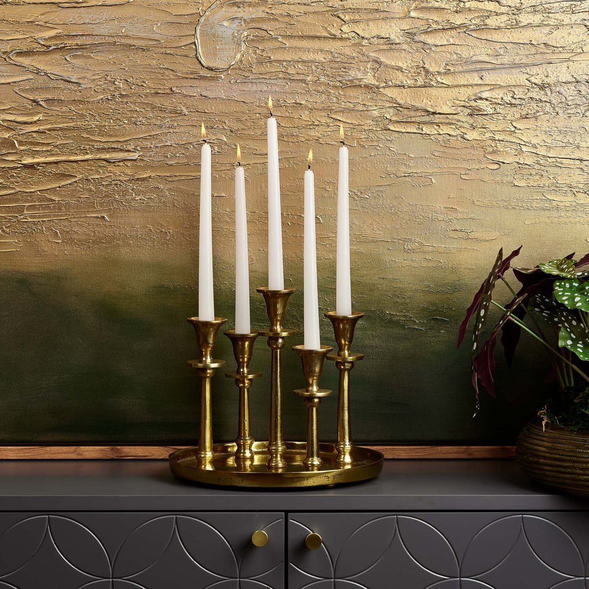 Round Candle Holder Tray with Five Candle Holders in Gold