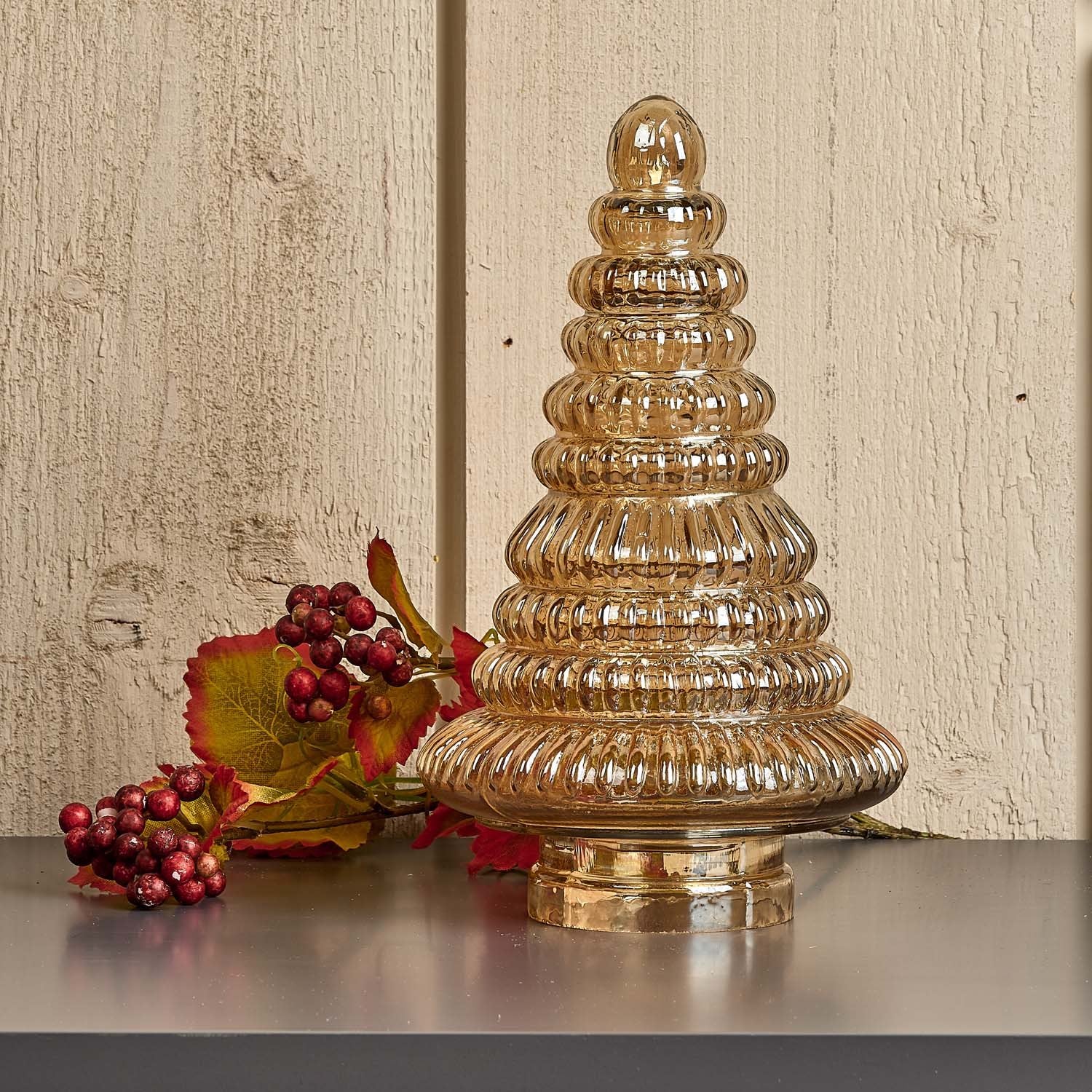 Evergreen Tree Glass Ornament in Gold Luster