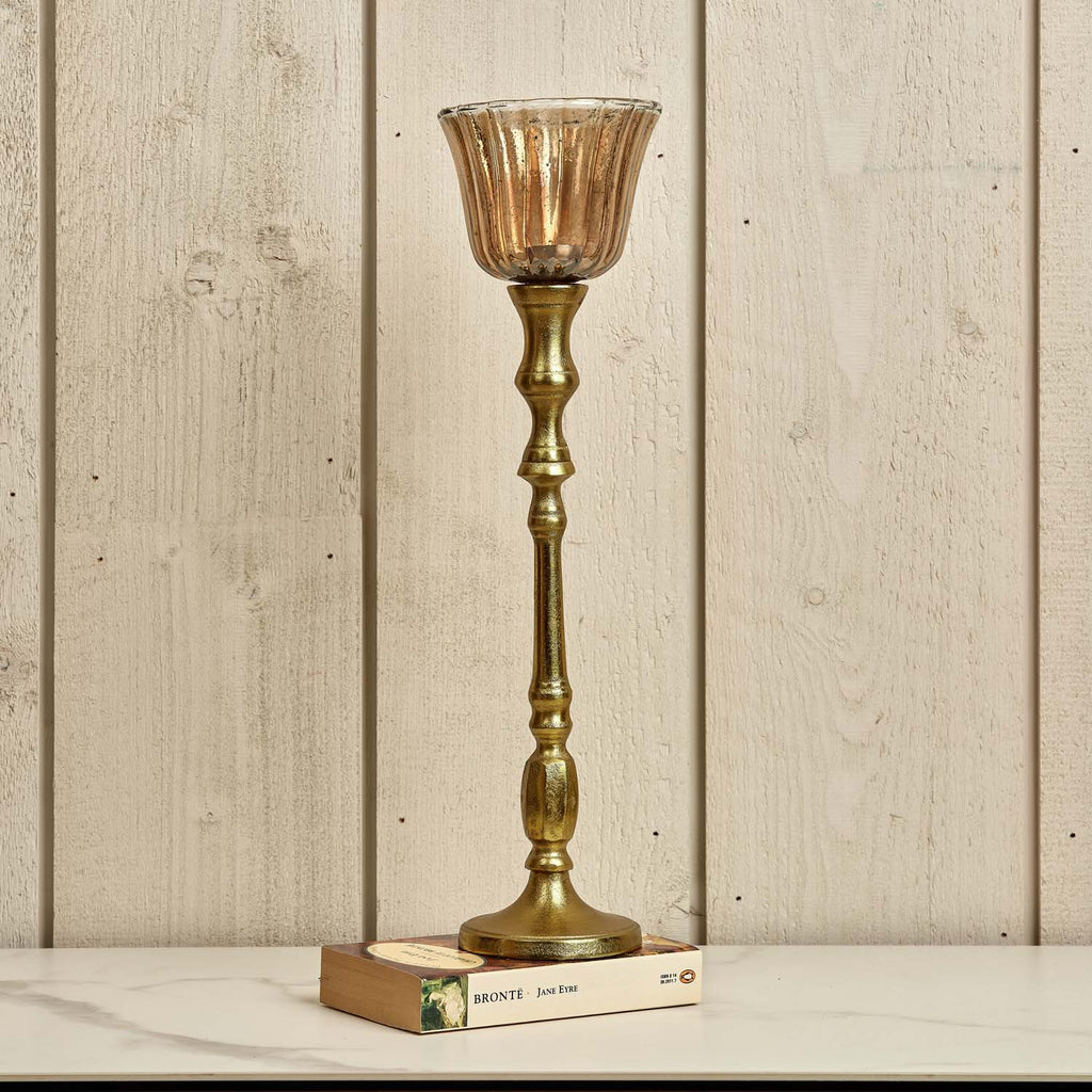 Heptagon Candle Stick in Gold with Removable Lotus Bell Tealight Holder in Brown 37.5cm