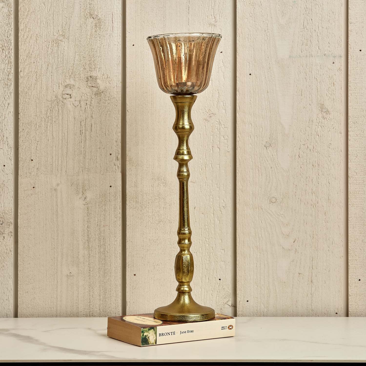 Heptagon Candle Stick in Gold with Removable Lotus Bell Tealight Holder in Brown 37.5cm