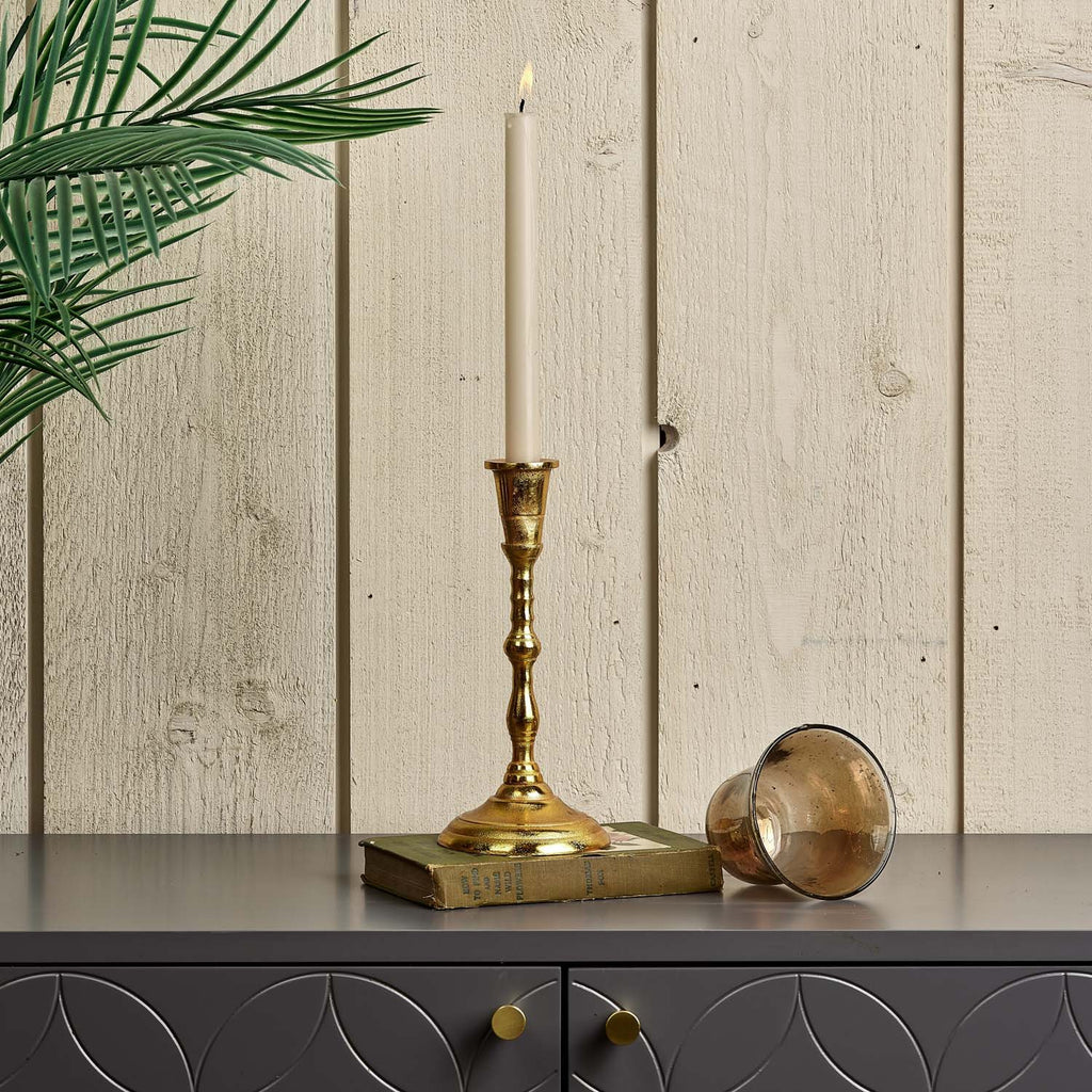 Candle Stick in Light Gold with Removable Taper Bell Tealight Holder in Brown