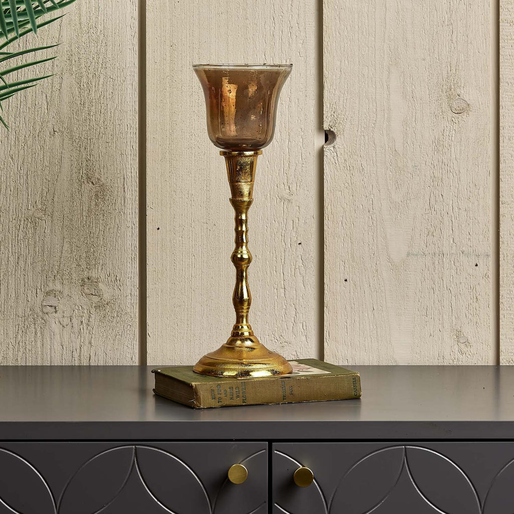 Candle Stick in Light Gold with Removable Taper Bell Tealight Holder in Brown