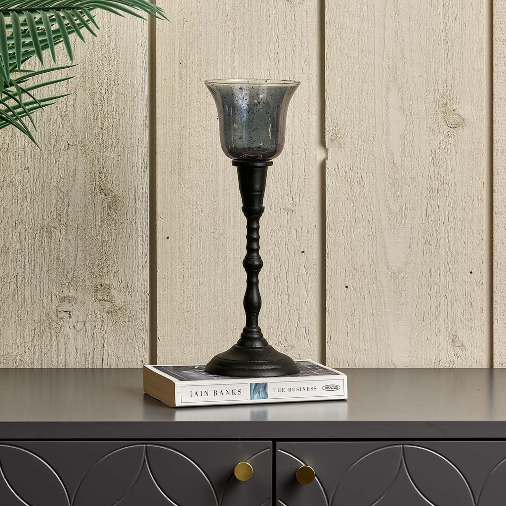 Candle Stick in Black with Removable Taper Bell Tealight Holder in Grey