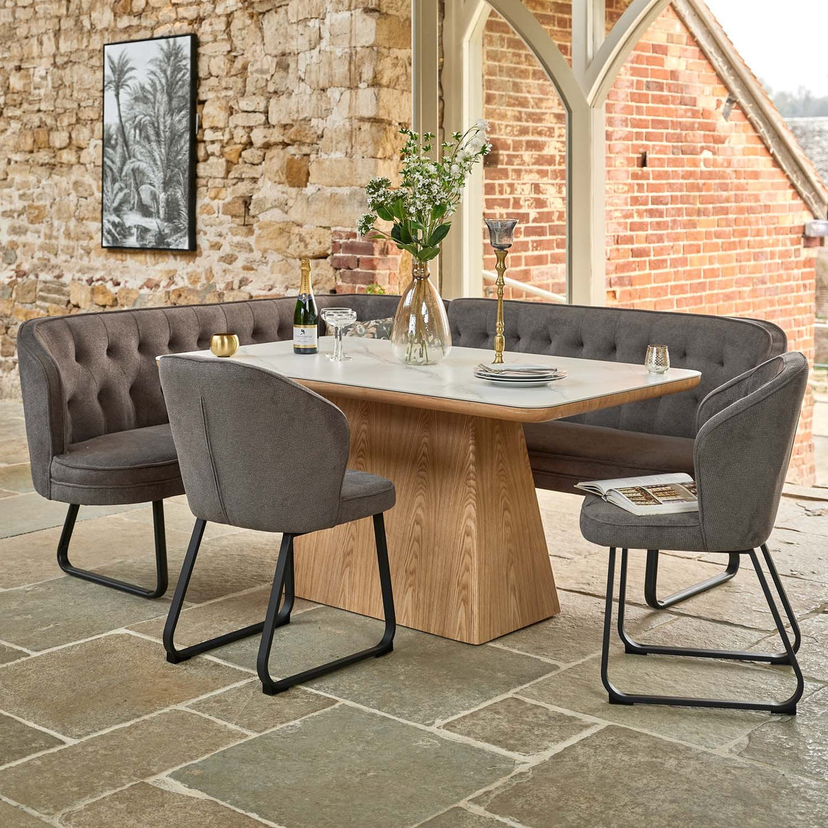 Sutton 160cm Dining Table - Ash with Frampton Corner Bench RHF & 2x Frampton Chairs in Anthracite
