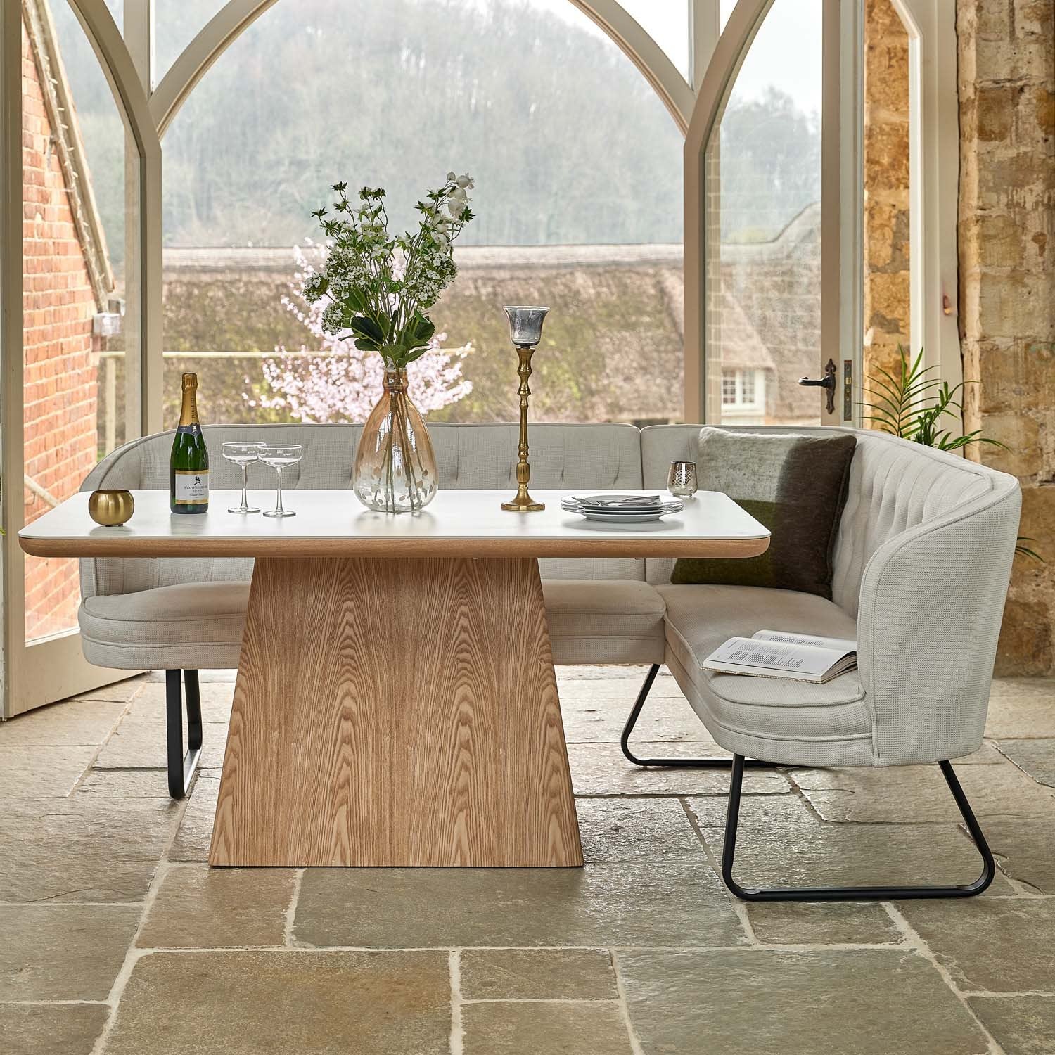 Sutton 160cm Dining Table - Ash with Frampton Corner Bench in White LHF