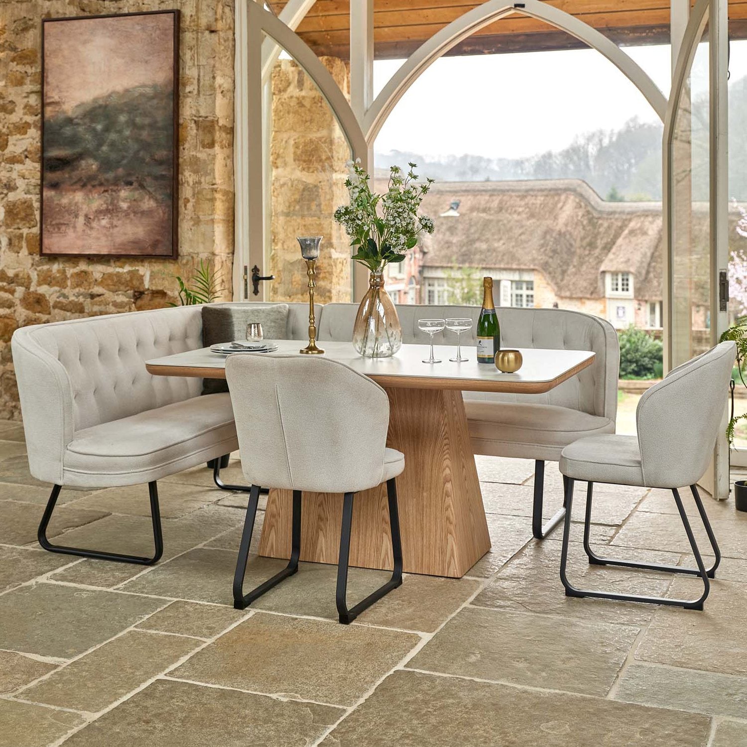 Sutton 160cm Dining Table - Ash with Frampton Corner Bench RHF & 2x Frampton Chairs in White