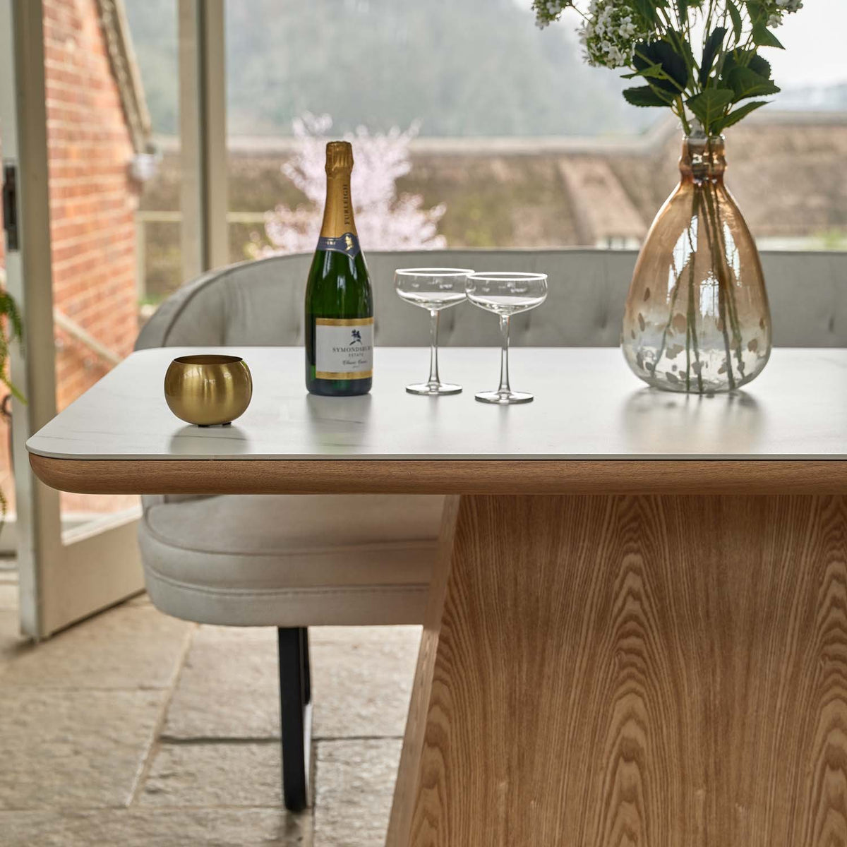 Sutton 160cm Dining Table - Ash with Frampton Corner Bench LHF & 2x Frampton Chairs in White