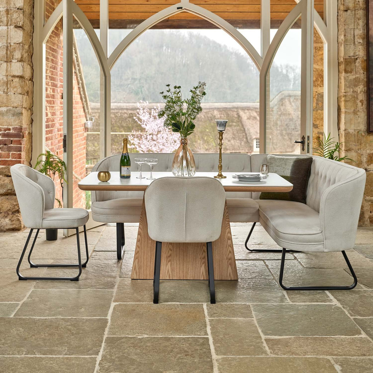 Sutton 160cm Dining Table - Ash with Frampton Corner Bench LHF & 2x Frampton Chairs in White